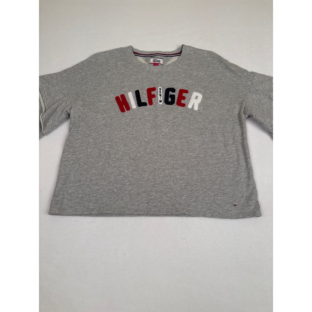 Tommy Hilfiger Denim Grey Bell Sleeve Sweatshirt Hilfiger Logo Spellout Large